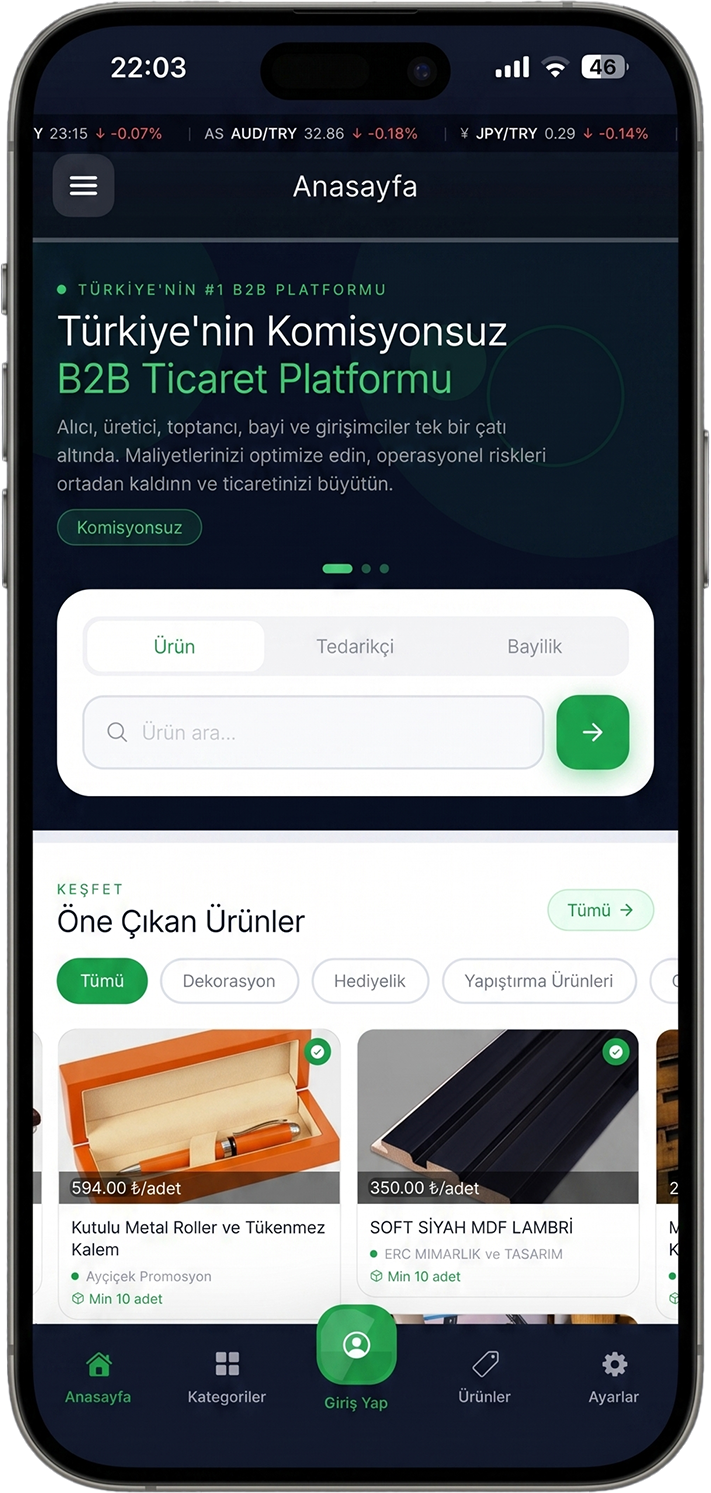 HepTicaret mobil uygulama — anasayfa ekranı